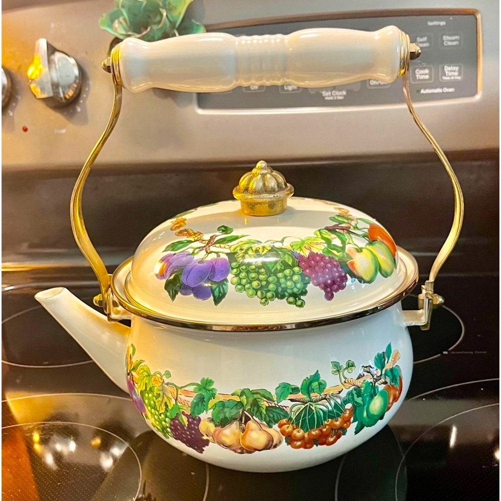 TEA KETTLE POT FRUIT ENAMEL WATER KETTLE CERAMIC BRASS HANDLE ANTIQUE VINTAGE